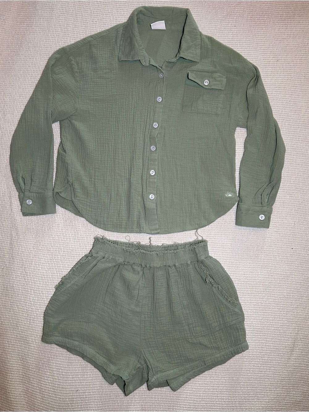 Cotton Gauze Matching 2-Piece Set High Rise Shorts Women’s S/M* Green Coastal